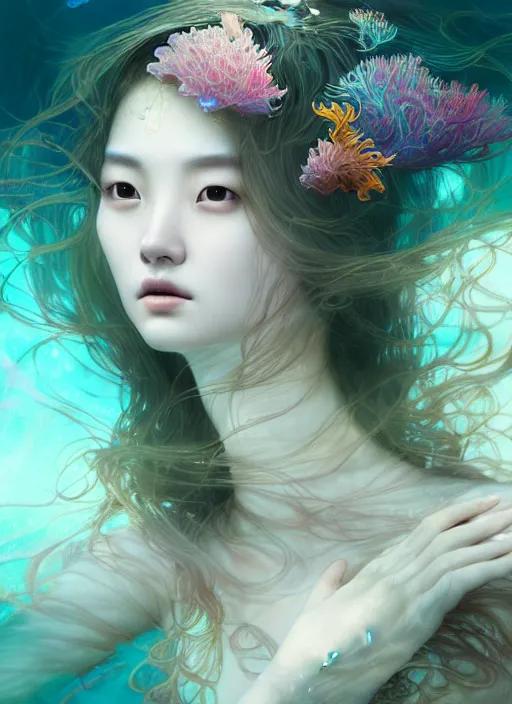Prompt: an underwater photographic beauty portrait of jingna zhang, cinematic, volumetric lighting, fantasy, intricate, elegant, highly detailed, digital painting, artstation, concept art, smooth, sharp focus, illustration, art by ayami kojima, artgerm and h r giger and alphonse mucha