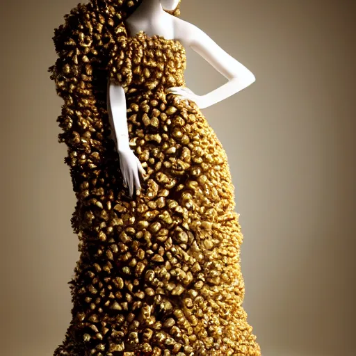 Prompt: a beautiful dress made of a real bee hive, on a mannequin. high resolution, studio lighting