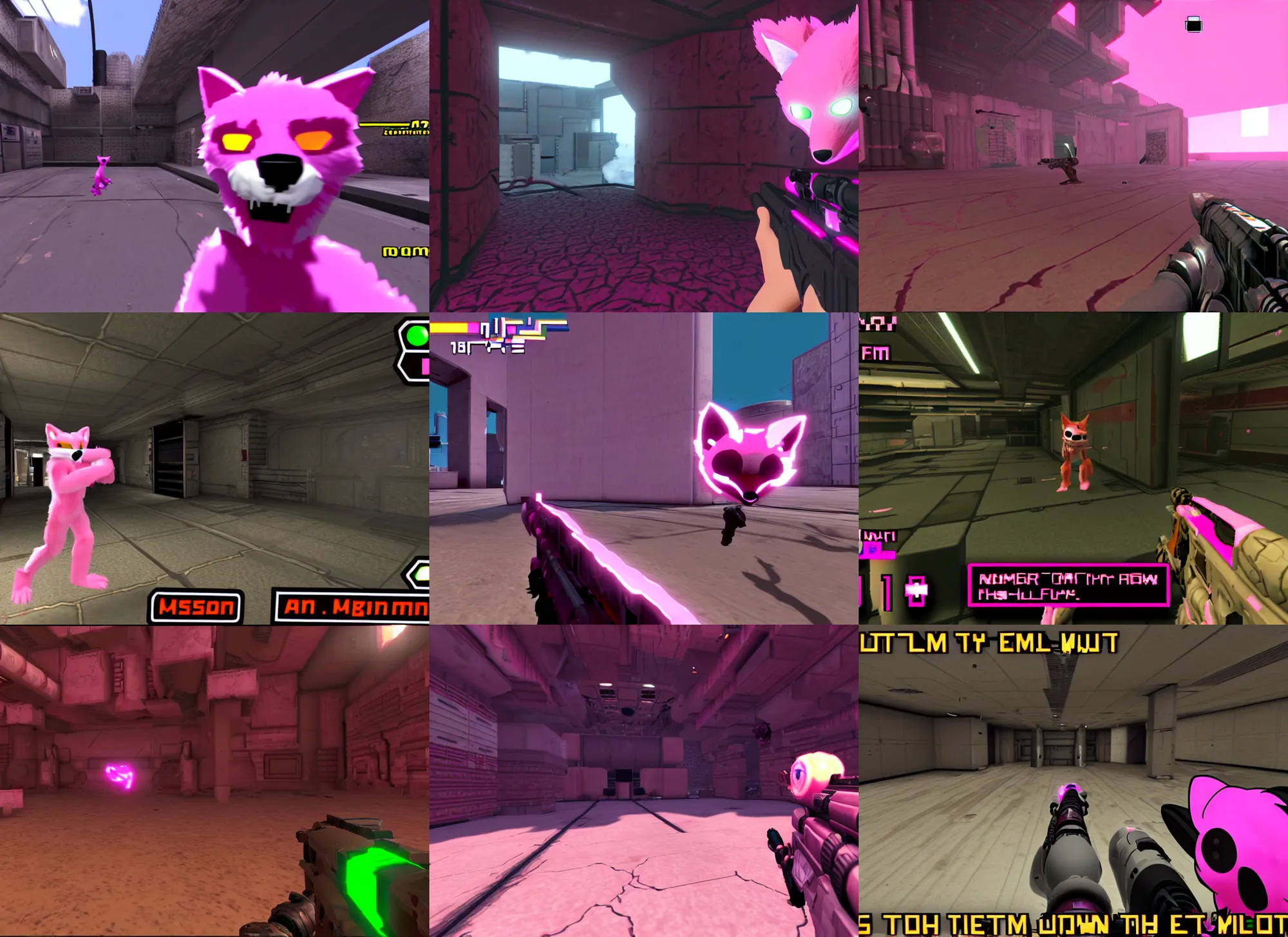 Prompt: pink fox furry fursuit in a screenshot of the video game doom, aim down sight pov, the furry fursuit is running