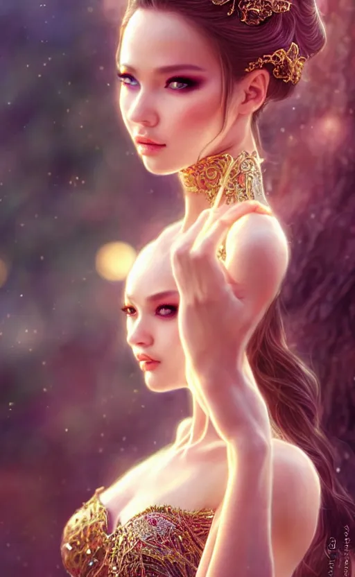 Image similar to a fantasy photo of gorgeous russian female, evening gown, bokeh, medium shot, beautiful face, professionally retouched, soft lighting, realistic, smooth face, perfect eyes, sharp focus, 8 k realistic high definition, insanely detailed, intricate, elegant, art by artgerm and kyoung hwan kim