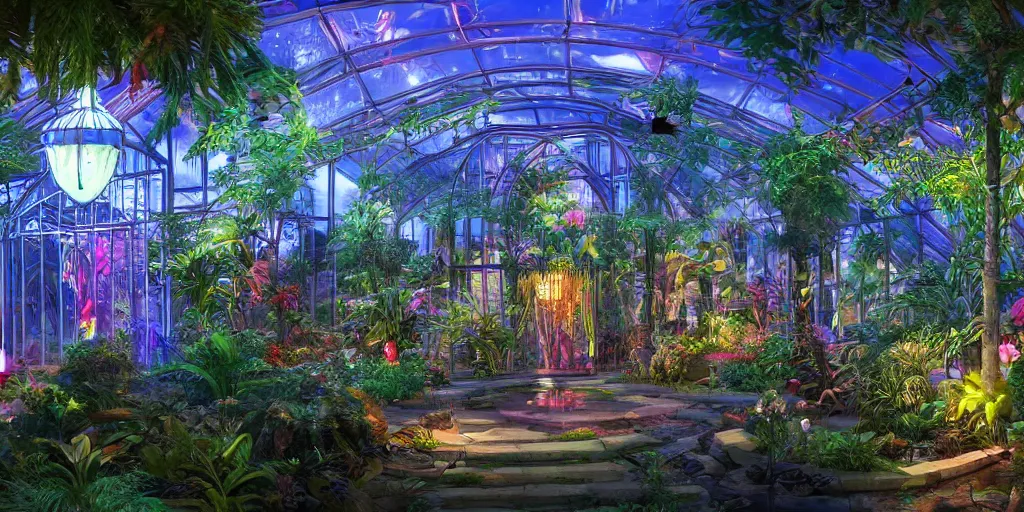 Image similar to tropical greenhouse garden, neon lights, mythology, fairy tale, urban landscape, evening, highly detailed, low angle view, artstation, in the style of aetherpunk