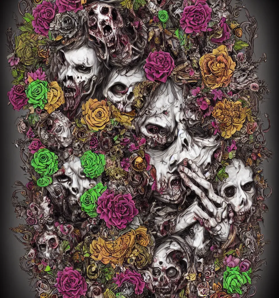 Prompt: zombie, punk rock, young male, bearded, multicolored faces, fruit and flowers, gemstones for eyes, botanical, vanitas, sculptural, baroque, rococo, intricate detail, spiral, ornamental, kaleidoscopic, soft, elegant, beautiful