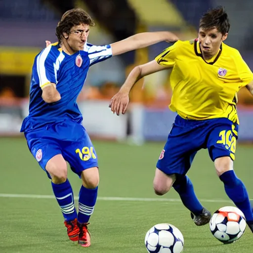 Prompt: A man in a disheveled suit pointing a gun at a professional soccer player in a blue, red and yellow uniform