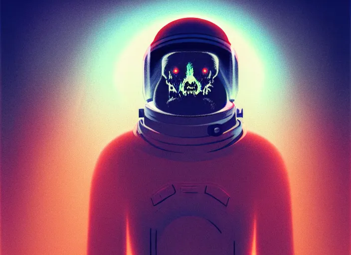 Prompt: portrait of a zombie astronaut, colorful, modern art deco, mads berg, karolis strautniekas, christopher balaskas, stippled light, fog, moody, fine texture, editorial illustration, dramatic lighting, dynamic composition, detailed, matte print, dynamic perspective, muted color