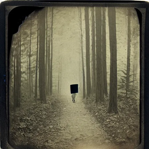 Prompt: man with the upside down face in woods, creepy, 1910 Polaroid