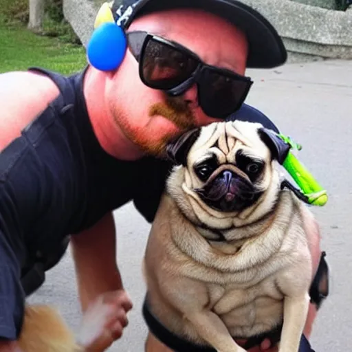 Prompt: epic man using a pug as a hat while fighting an epic battle