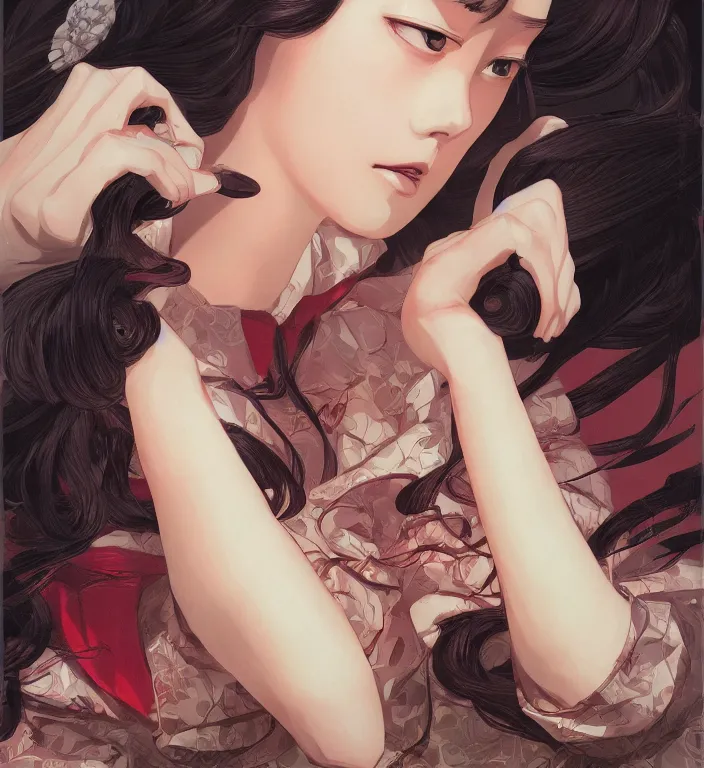 Image similar to Nezuko, very detailed, digital art, concept art, studio quality, fantasy, art style by J. C. Leyendecker
