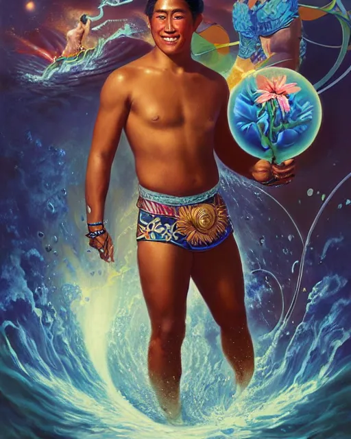 Prompt: young duke kahanamoku as a hawaiian warrior emerging from a surrounded intergalactic planets connected by streams of multiversal flow, sigma male, gigachad, lush garden of majestic flowers, visually stunning, luxurious, by wlop, james jean, jakub rebelka, tran nguyen, peter mohrbacher, yoann lossel