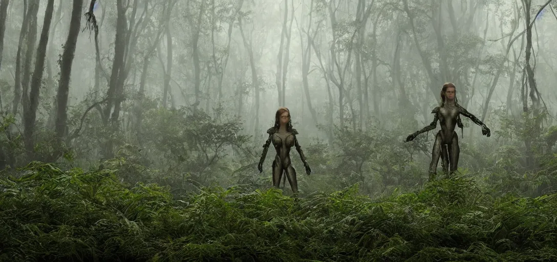 Prompt: a complex organic fractal 3 d metallic symbiotic ceramic humanoid megastructure emma watson in a swampy lush forest, foggy, cinematic shot, photo still from movie by denis villeneuve