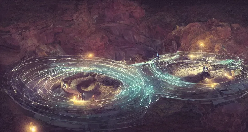 Image similar to miniature installation, macro photography, night, a lot of people and a spiral - shaped white luminous attractor is floating in grand canyon, concept art, art for the game, professional lighting, art