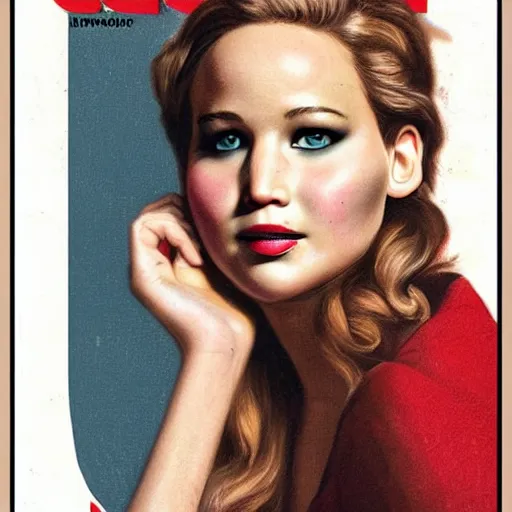 Image similar to “jennifer Lawrence portrait, color vintage magazine illustration 1950”