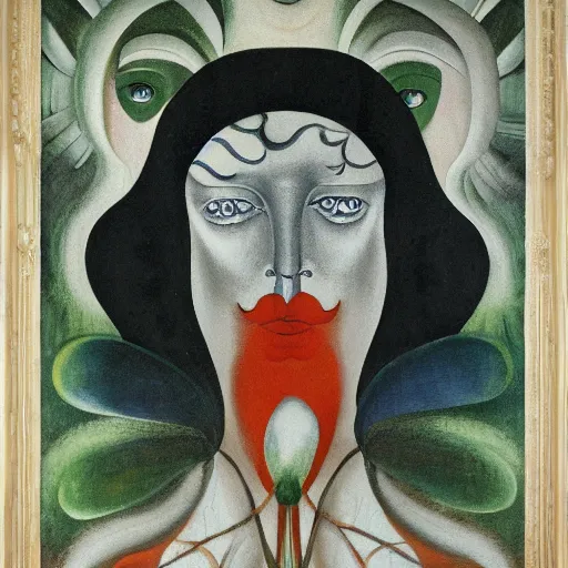 Image similar to floral face portrait by leonetto cappiello and wojciech siudmak and ernst fuchs, anni albers, oil on canvas