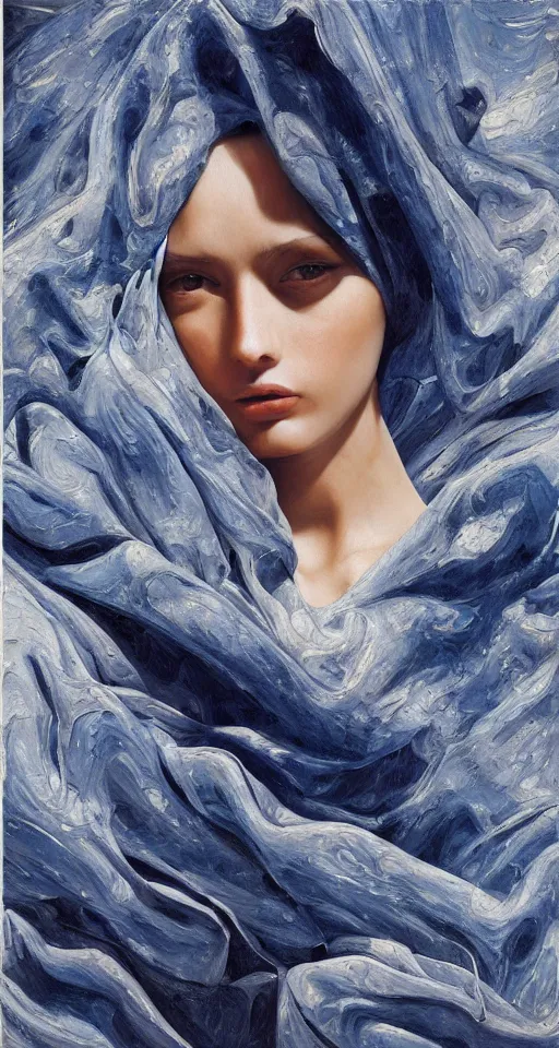 Prompt: hyperrealism oil painting, portrait of fashion model hidden under sheets, melted cyborg, , dark blue ocean pattern mixed with sand dunes , in style of classicism mixed with 70s japan book art