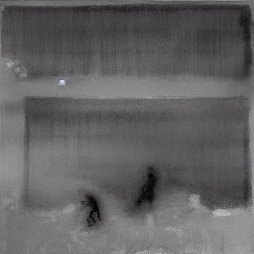 Prompt: two people is swiming in the pool. lights are reflected on swimming pool covered with snow in the abandoned remote street in the moment of snow storm . Mark rothko. Hyper detailed. Hyper realism. Gray scale themed