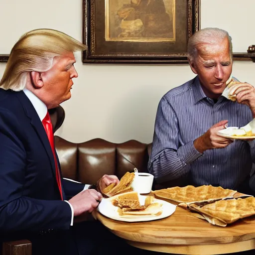 Image similar to photograph of trump and Biden sitting and eating breakfast at a Wafflehouse