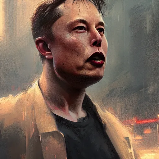 Image similar to elon musk, hyperrealistic portrait, bladerunner street, art of elysium by jeremy mann and alphonse mucha, fantasy art, photo realistic, dynamic lighting, artstation, poster, volumetric lighting, very detailed face, 4 k, award winning