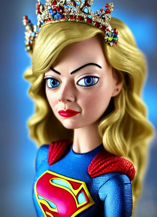 Image similar to highly detailed closeup, face profile portrait of a tin toy emma stone as supergirl as a fairytale princess wearing a crown, bikini, unreal engine, nicoletta ceccoli, mark ryden, earl norem, lostfish, global illumination, detailed and intricate environment