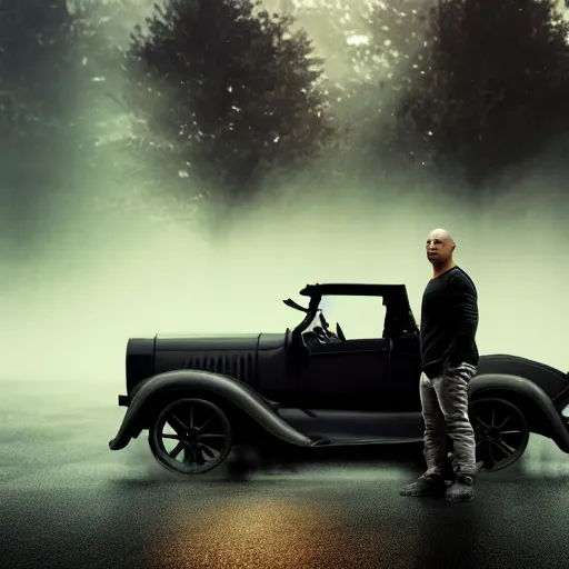 Image similar to very closeup photo of vin diesel standing near ford model t, fog, volumetric lighting, bokeh, ultra realistic, highly detailed, city, cinematic, art by jan urschel and neil blevins