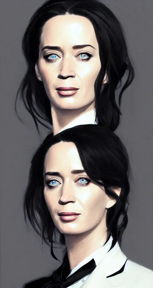 Image similar to portrait of emily blunt as business woman, black suit, white shirt, black tie, intricate, headshot, key visual, conceptart, ambient lighting, highly detailed, digital painting, artstation, concept art, sharp focus, by makoto shinkai and akihiko yoshida and greg manchess