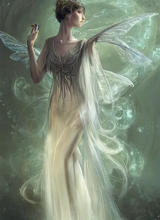 Image similar to fairy foreteller in princess iridescent dress, physically accurate, moody dynamic lighting, very very intricate, very very elegant, highly detailed, digital painting, artstation, HR GIGER, Hieronymus Bosch, Francis Bacon, concept art, smooth, very beautiful, sharp focus, illustration, art by artgerm and greg rutkowski and alphonse mucha