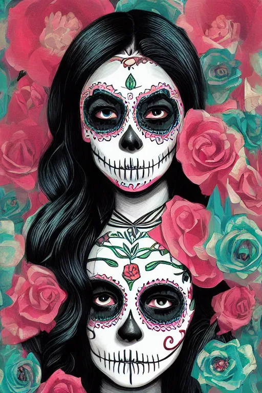 Prompt: illustration of a sugar skull day of the dead girl, art by atey ghailan