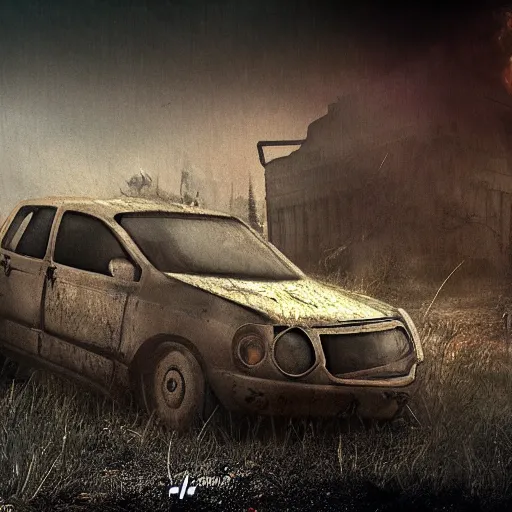 Image similar to emancipation of reality, fallout concept car in a foggy environment, daylight, wastelands