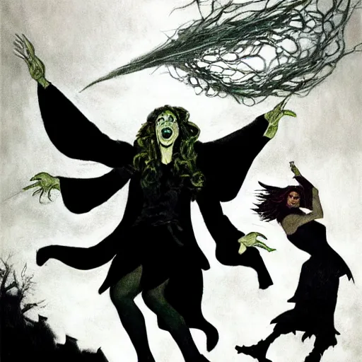 Image similar to epic fantasy painting of the wicked witch of the west summoning magical energy in order to shoot a huge fireball ; action pose, intense screaming expression, oz series, played by margaret hamilton, thatched worn rooftop background, art by adam hughes, in the style of adam hughes