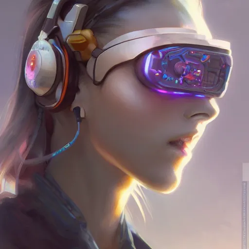 Image similar to cyberpunk girl with headset, with techware, intricate, elegant, highly detailed, digital painting, japanese, unreal engine 5, trending on artstation, concept art, studio ghibli, illustration, art by artgerm and greg rutkowski and alphonse mucha