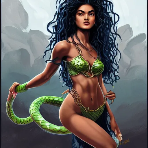 Image similar to Shanina Shaik as Medusa, snakes for hair, highly detailed, digital painting, artstation, concept art, smooth, sharp focus, illustration, art by Chris Achilleos, in the style of Medusa (1988) by Chris Achilleos.