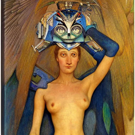 Prompt: the robot queen with her bird mask, by annie swynnerton and diego rivera and elihu vedder, symbolist, dramatic lighting, elaborate geometric ornament, art brut, soft cool colors, smooth, sharp focus, extremely detailed, adolf wolfli and donato giancola