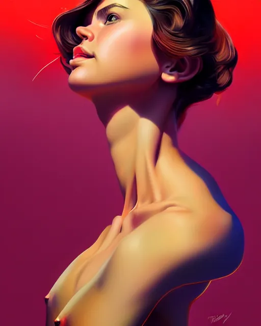 Image similar to hyper - realistic portrait of a pop art girl, dynamic wavy hair, perspective body anatomy, detailed designs, digital painting, 4 k, by ilya kuvshinov, by greg rutkowski, atmospheric lighting