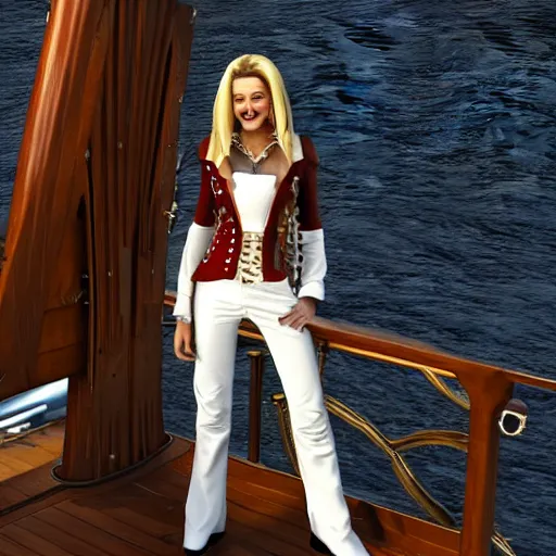 Prompt: a fierce, smiling, beautiful, friendly, calm, blonde, well - dressed, steampunk, covered, armed, pirate captain, standing on the deck of her ship gazing at the horizon in 1 7 3 0, detailed 3 d render