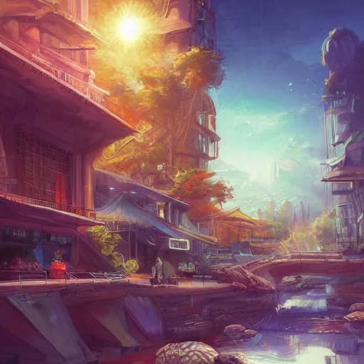 Prompt: Beautiful happy picturesque charming sci-fi city in harmony with nature. Beautiful light. Nice colour scheme, soft warm colour. Beautiful detailed artistic digital painting by Vincent. (2022)