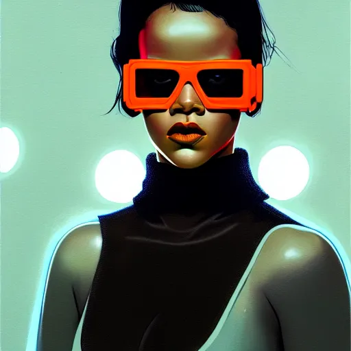 Prompt: Rihanna wearing opaque reflective goggles profile picture by Greg Rutkowski, asymmetrical, futuristic, volumetric lights, streetwear, studio ghibli, Organic Painting , Matte Painting, geometric shapes, hard edges, trending on the artstation, fantasy LUT, realistic by Sachin Teng + Martin Grip + Moebius + Patrick Gleason, smooth, sharp focus, illustration, art by John Collier and Albert Aublet and Krenz Cushart and Artem Demura and Alphonse Mucha, techwear, Industrial Scifi, detailed illustration, character portrait,