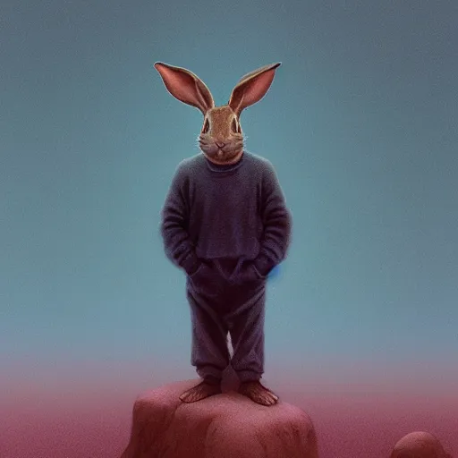 Prompt: rabbit that looks like steve jobs, by zdzislaw beksinski, by tiffany bozic, cold hue's, warm tone gradient background, concept art, beautiful composition, digital painting