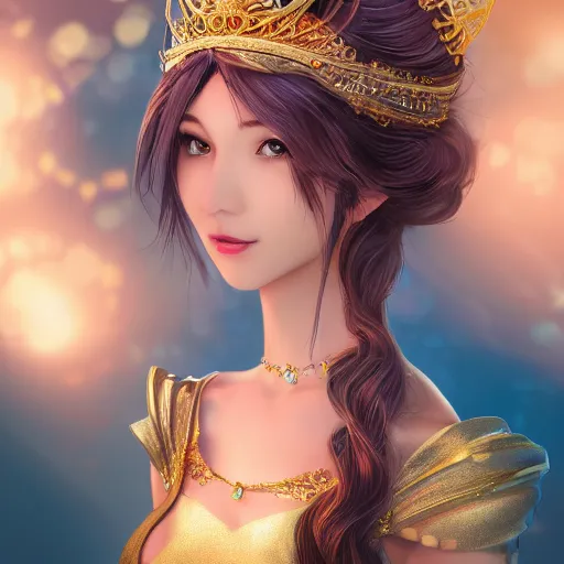 Prompt: a photographic portrait of an fantasy 30 years old princess with a deep blue sapphire and gold diadem, wider view, warmer colours, more tan face, light brown hair, cinematic light, by Zhang Jigna, canon 50mm, bokeh, artstation