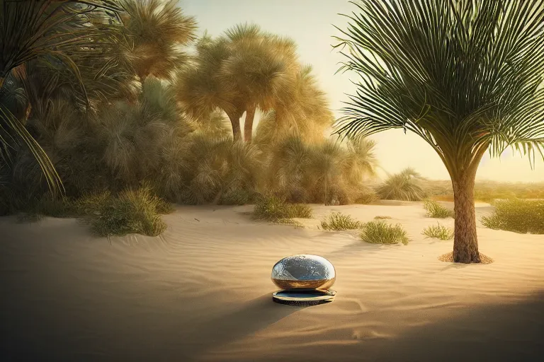 Prompt: perfume bottle buried in oasis in the middle of a desert, dramatic, small pond middle frame, palm trees, bushes, mid day, sand dune background, large scale, hyperrealistic, lots of detail, realistic lighting, octane render, by wlop, artgerm, trending on artstation