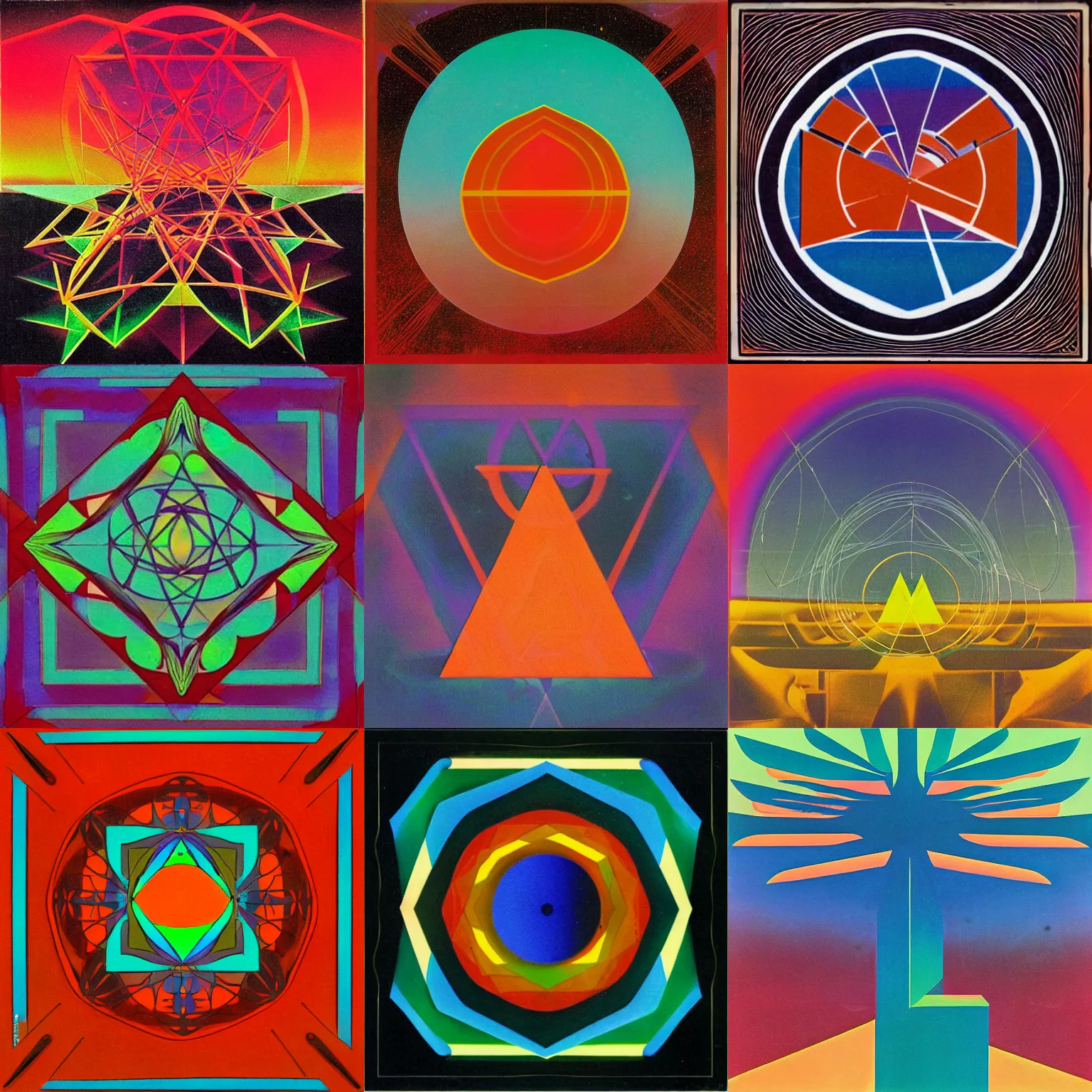 Prompt: Tangerine Dream Album Cover, geometric druid, strange glow, 1970s