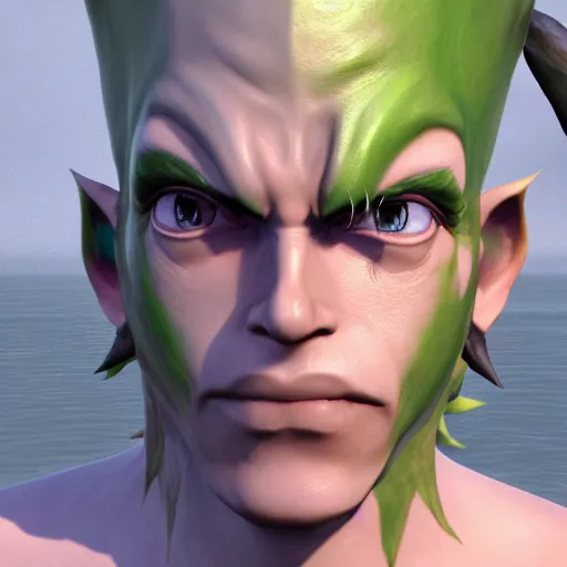 Prompt: medium portrait of a handsome goblin, green skin, ffxiv, final fantasy 1 4 screenshot, octane render, 8 k, fantasy, rule of thirds, sharp focus