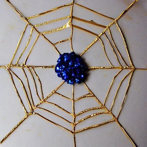 Prompt: A spiderweb made of gold and blue gems!!!