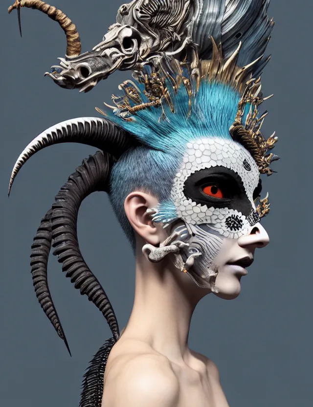 Image similar to 3 d goddess close - up profile simple portrait punk with mohawk with goat skull. beautiful intricately detailed japanese crow kitsune mask and clasical japanese kimono. betta fish, jellyfish phoenix, bio luminescent, plasma, ice, water, wind, creature, artwork by tooth wu and wlop and beeple and greg rutkowski