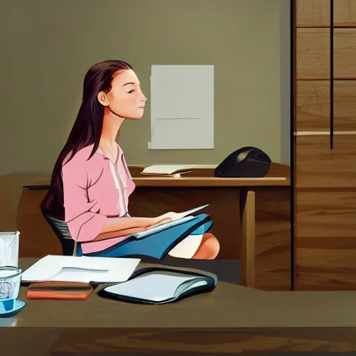 Image similar to hyperrealistic rendition of lo-fi girl sitting at a desk studying