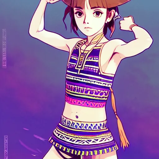 Image similar to a beautiful boyish emma watson alluring instagram model, wearing japanese hiphop aztec leotard outfit with mayan pattern and native style, aztec street fashion bathing suit, botw style, gapmoe yandere grimdark, trending on pixiv fanbox, painted by greg rutkowski makoto shinkai takashi takeuchi studio ghibli, akihiko yoshida