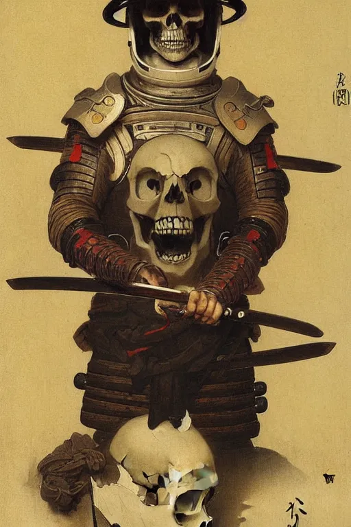 Image similar to portrait of a skull man japanse samurai astronaut with samurai helmets, by bouguereau