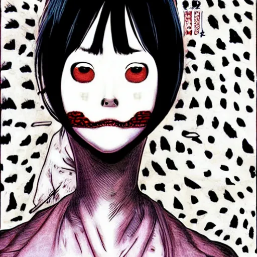 Image similar to a white girl withblack hair by junji ito, colored, realistic, horror