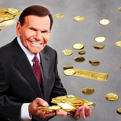 Image similar to kenneth copeland on his knees praying, surrounded by gold and money