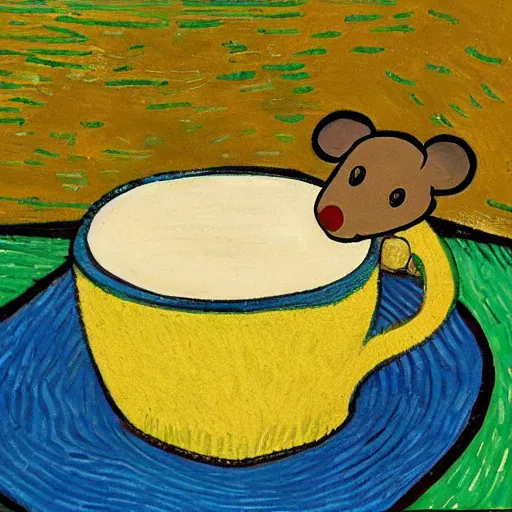 Prompt: Mouse with a cup of coffee in a bathtub in the style of Van Gogh
