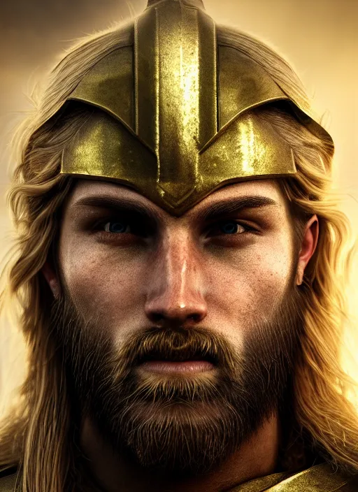 Image similar to portrait of a spartan hoplite hero, long blond hair and beard, perfect facial symmetry + dim volumetric lighting, 8k octane beautifully detailed render, post-processing, extremely hyperdetailed, intricate, epic composition, grim yet sparkling atmosphere, cinematic lighting + masterpiece, trending on artstation