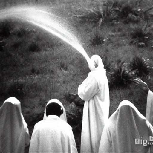 Image similar to alien in clerical robes dousing parishioners with holy water, top secret style, realistic photo, 1 9 7 0 s, color