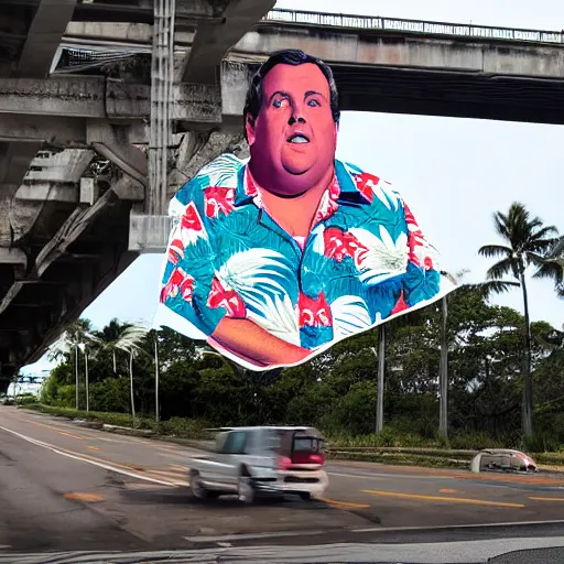 Prompt: oversized gigantic huge chris christie in a hawaiian shirt sitting on top of a bridge, blocking traffic. ap photo. bizarre, surreal photoshop. impossible proportions